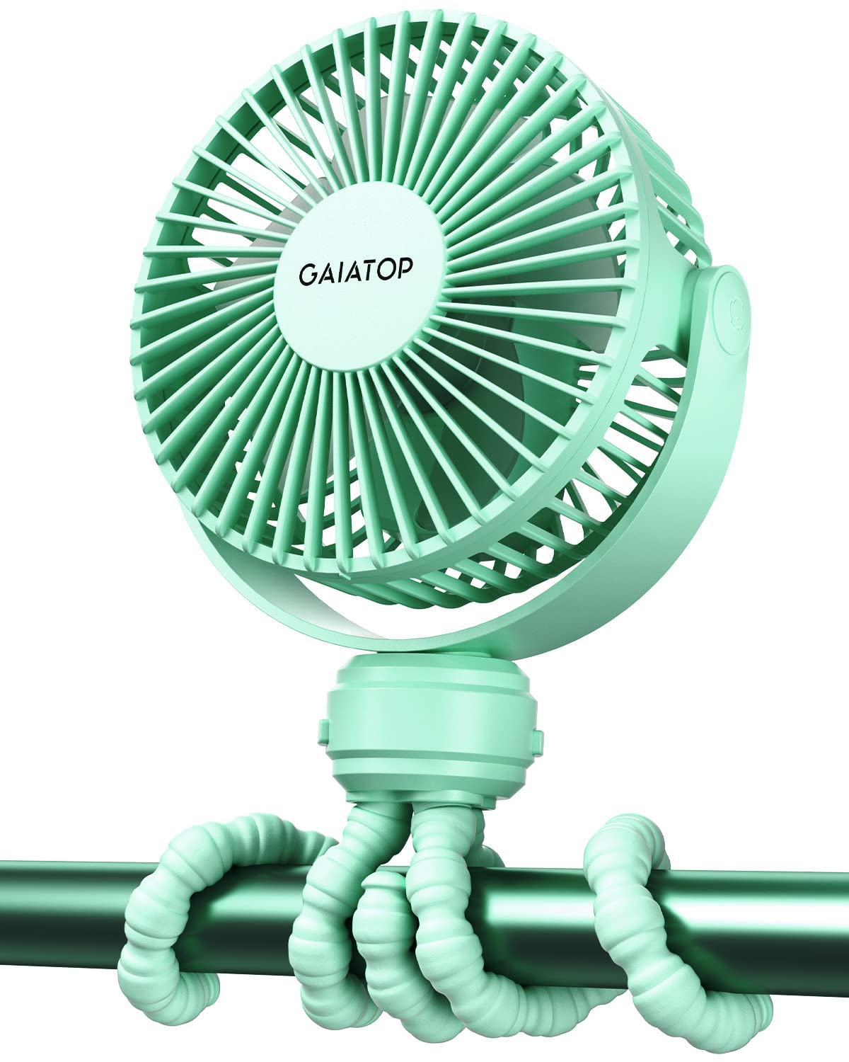 Gaiatop mini stroller fan close-up showing safe 5.6 mm gaps for tiny fingers.