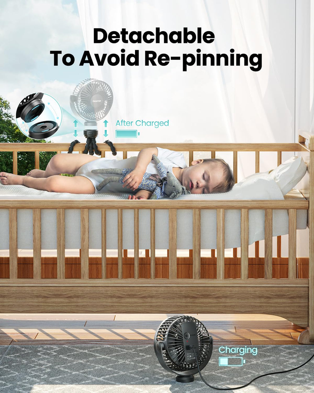 Gaiatop mini stroller fan compact size fits strollers, cribs, cars, and travel kits.