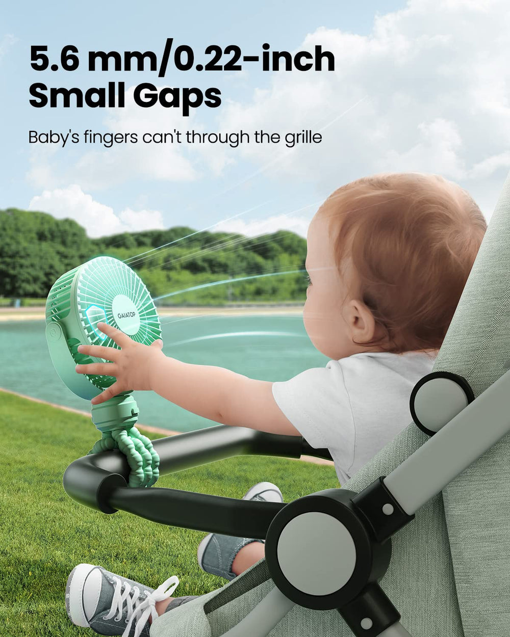 Gaiatop mini stroller fan in use on a stroller delivering gentle airflow.