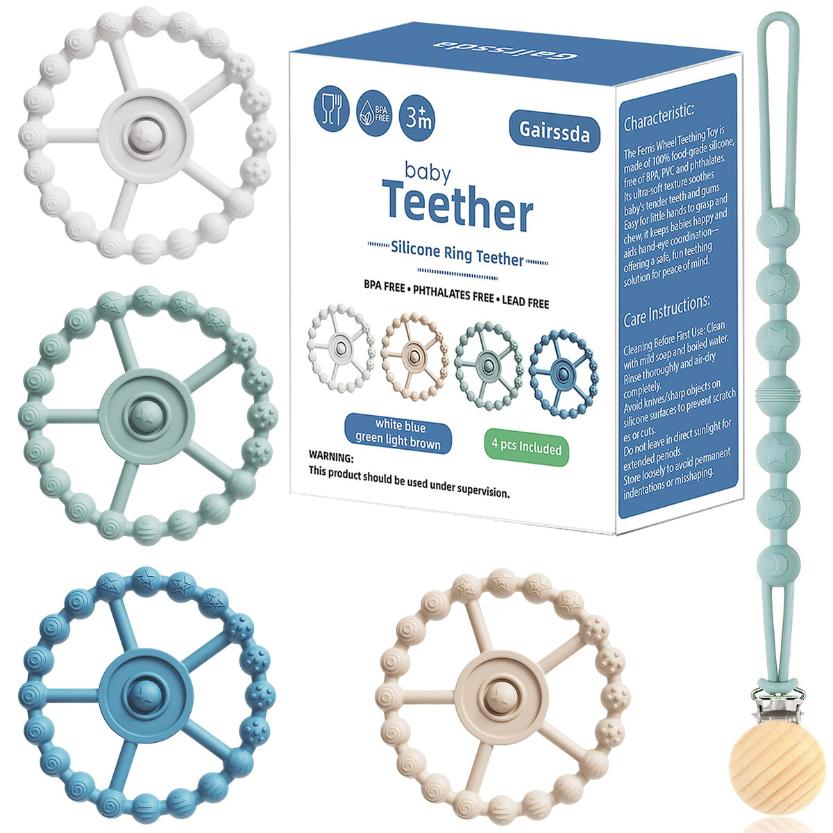 Gairssda teething rings with smooth surfaces offer an easy grip for tiny hands.