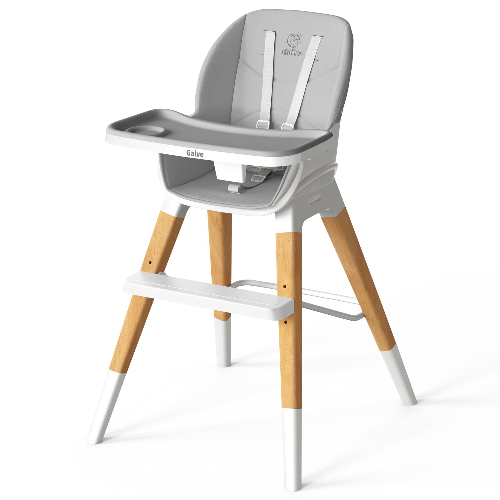 GAIVE 8-in-1 high chair with wooden frame supports growing children during meals.