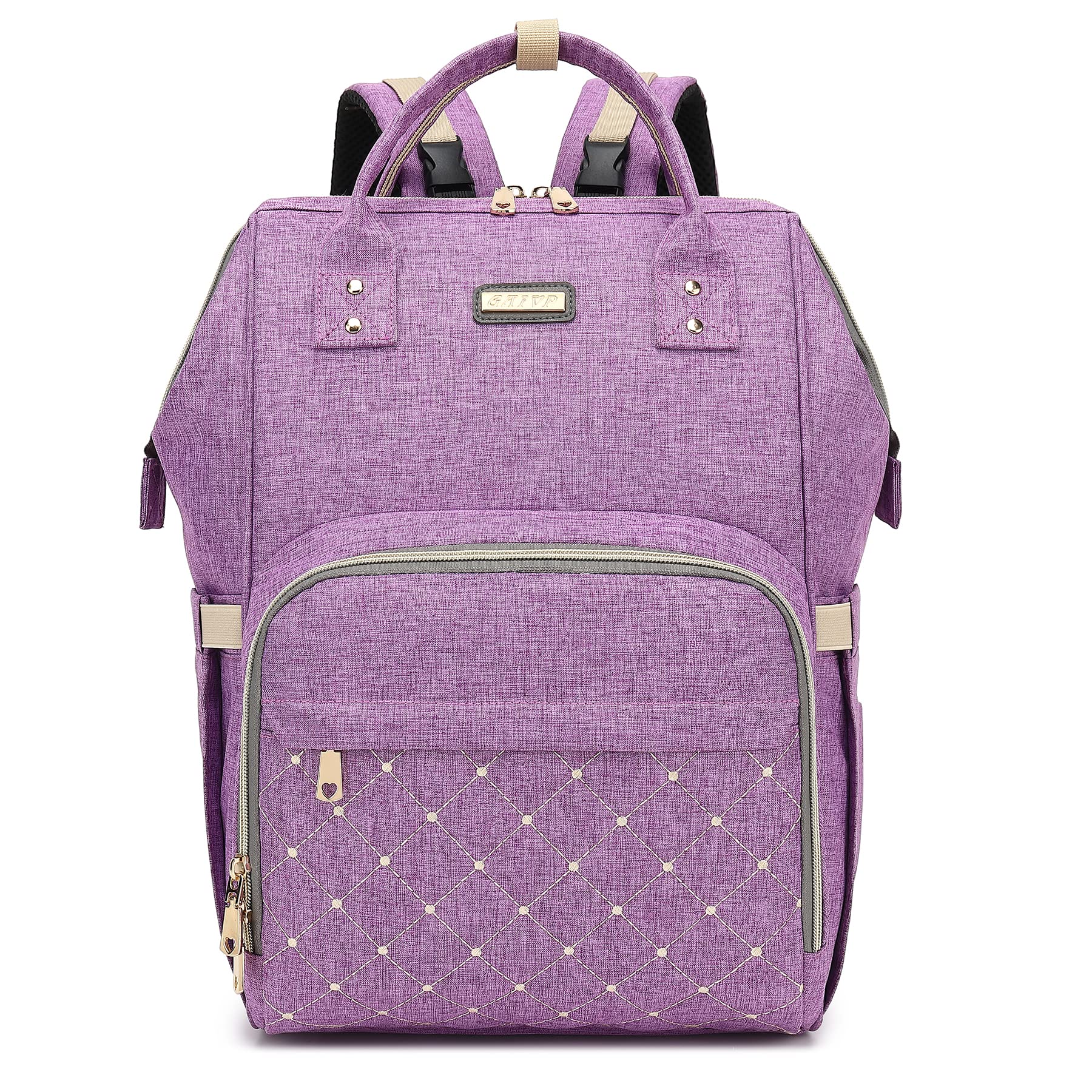GAIVP diaper bag backpack front view with unisex purple exterior, durable for daily outings.
