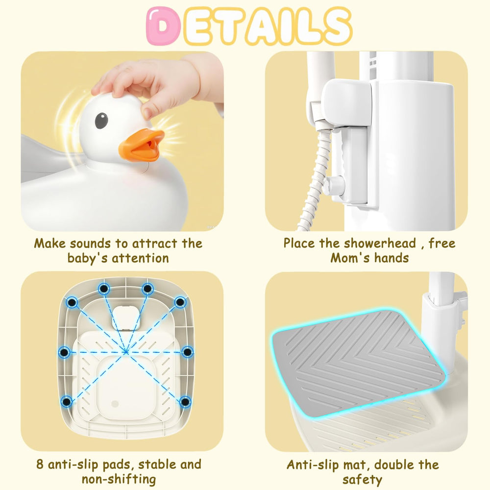 Gakfawd adjustable-height stand demonstrates five height options for growing babies.