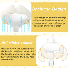 Gakfawd stand shows handle and showerhead slot for hands-free bathing.