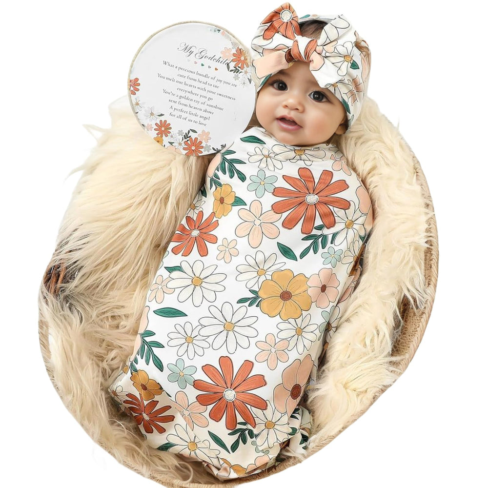 Galabloomer newborn blanket headband set in white yellow flowers for photo-ready outfits.