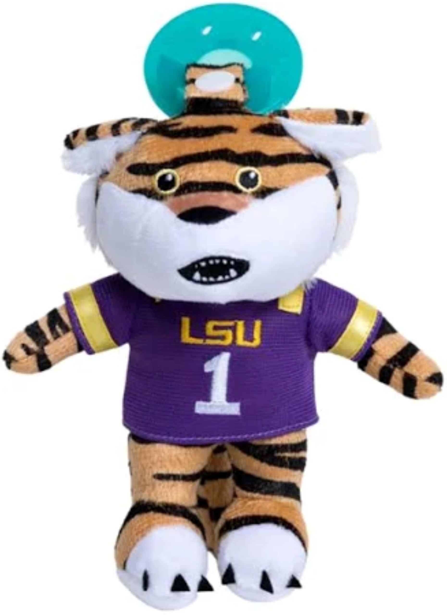 Gamezies LSU pacifier with removable plush mascot offers easy cleaning and cuddly play.