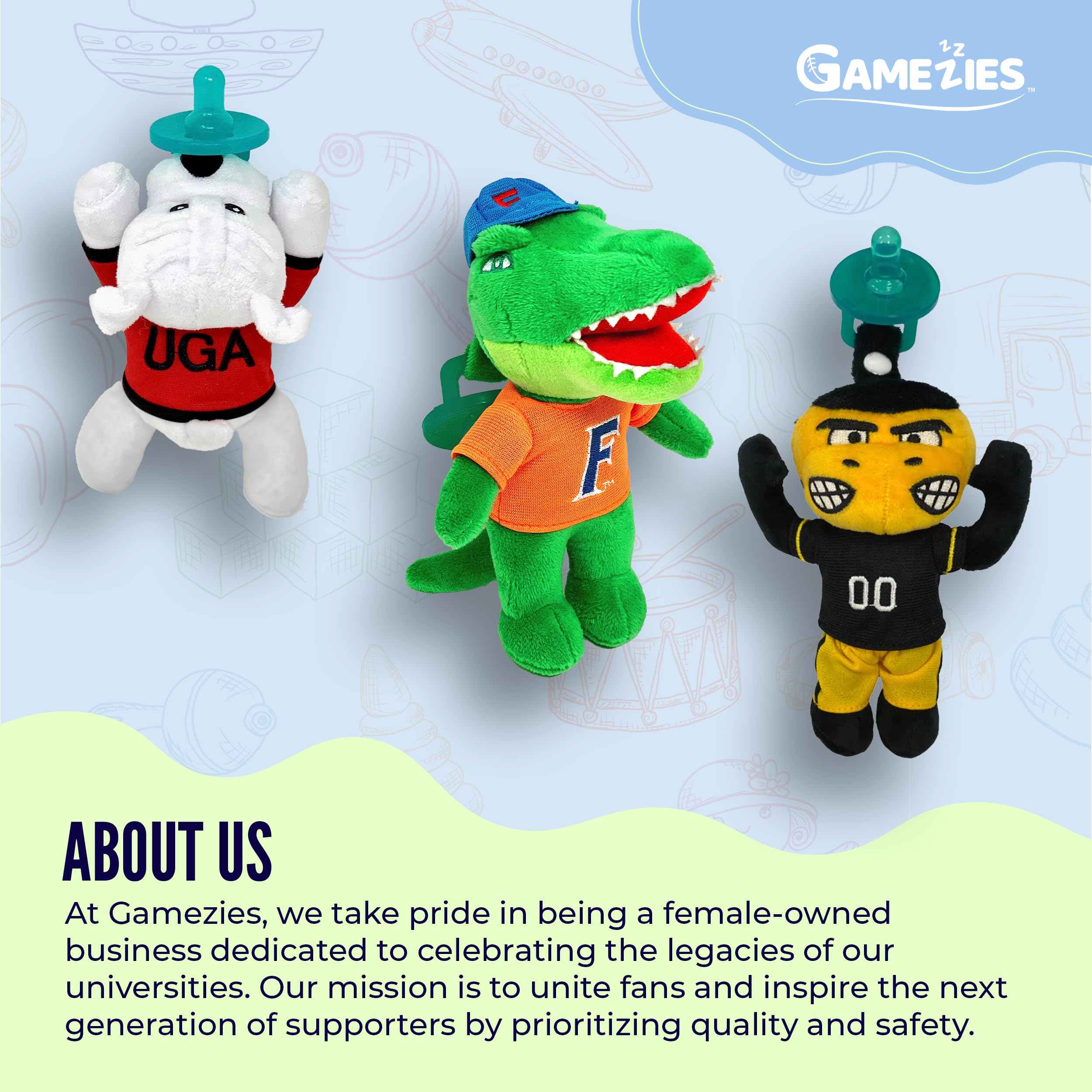 Gamezies LSU pacifier display captures brand messaging and kid-safe design.