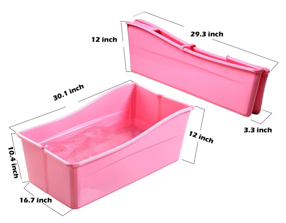 Ganen foldable bath tub Pink demonstrating space-saving design.