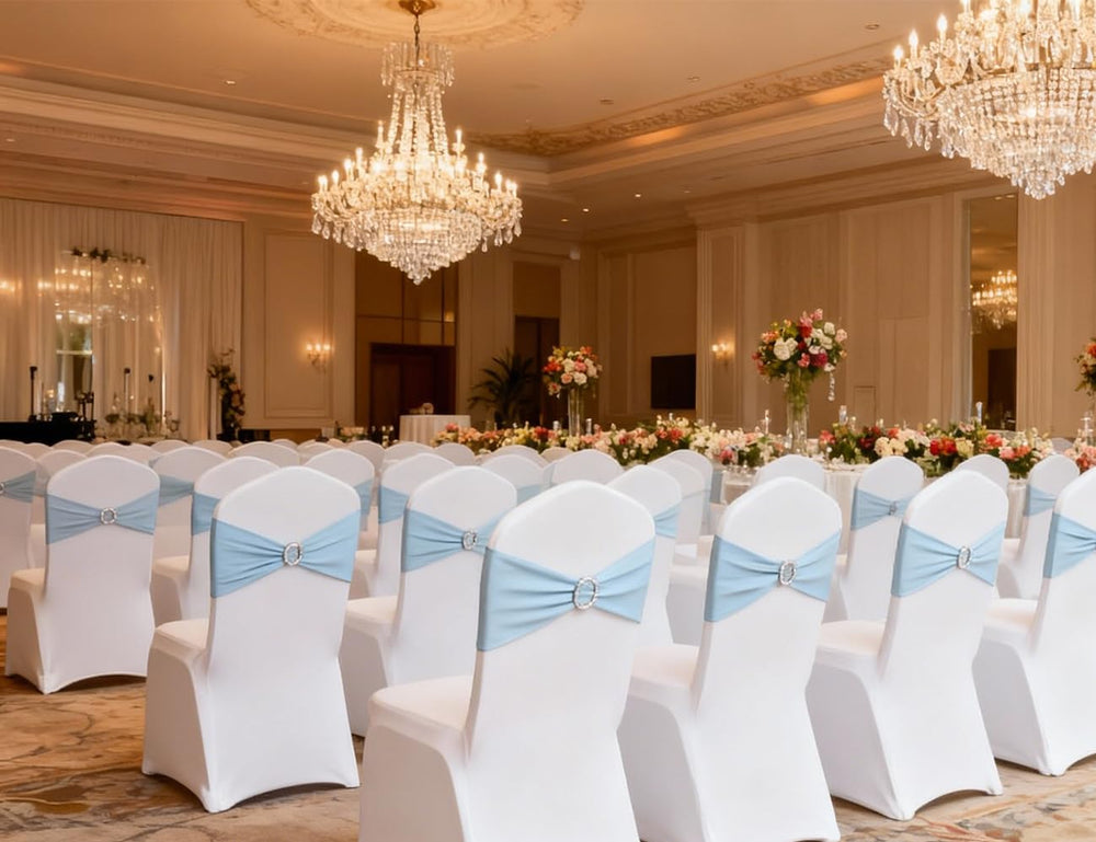 Baby blue sashes stretched along chair backs for uniform appearance.