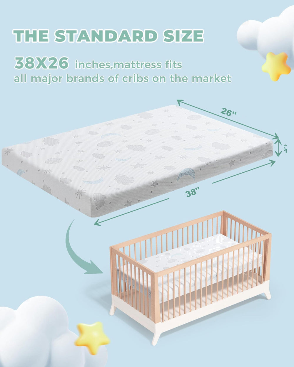 Ganondorf Pack and Play Mattress 38x26 side view highlighting six-sided stability for safe use.