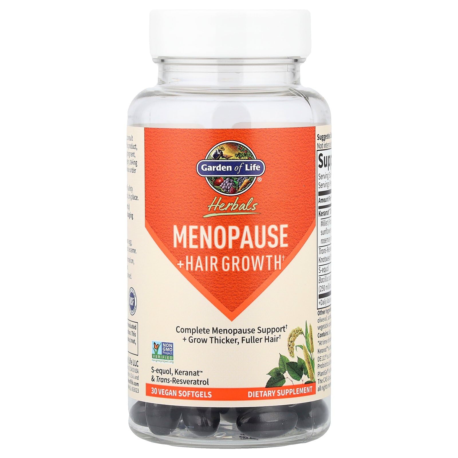 Garden of Life Herbals Menopause label featuring non-GMO, vegan, and gluten-free certifications.