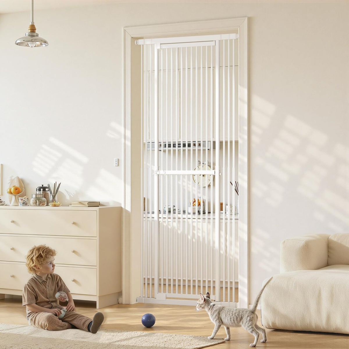 Gardner Pet gate in doorway showing 51-87 inch height adjustment for versatile safety.