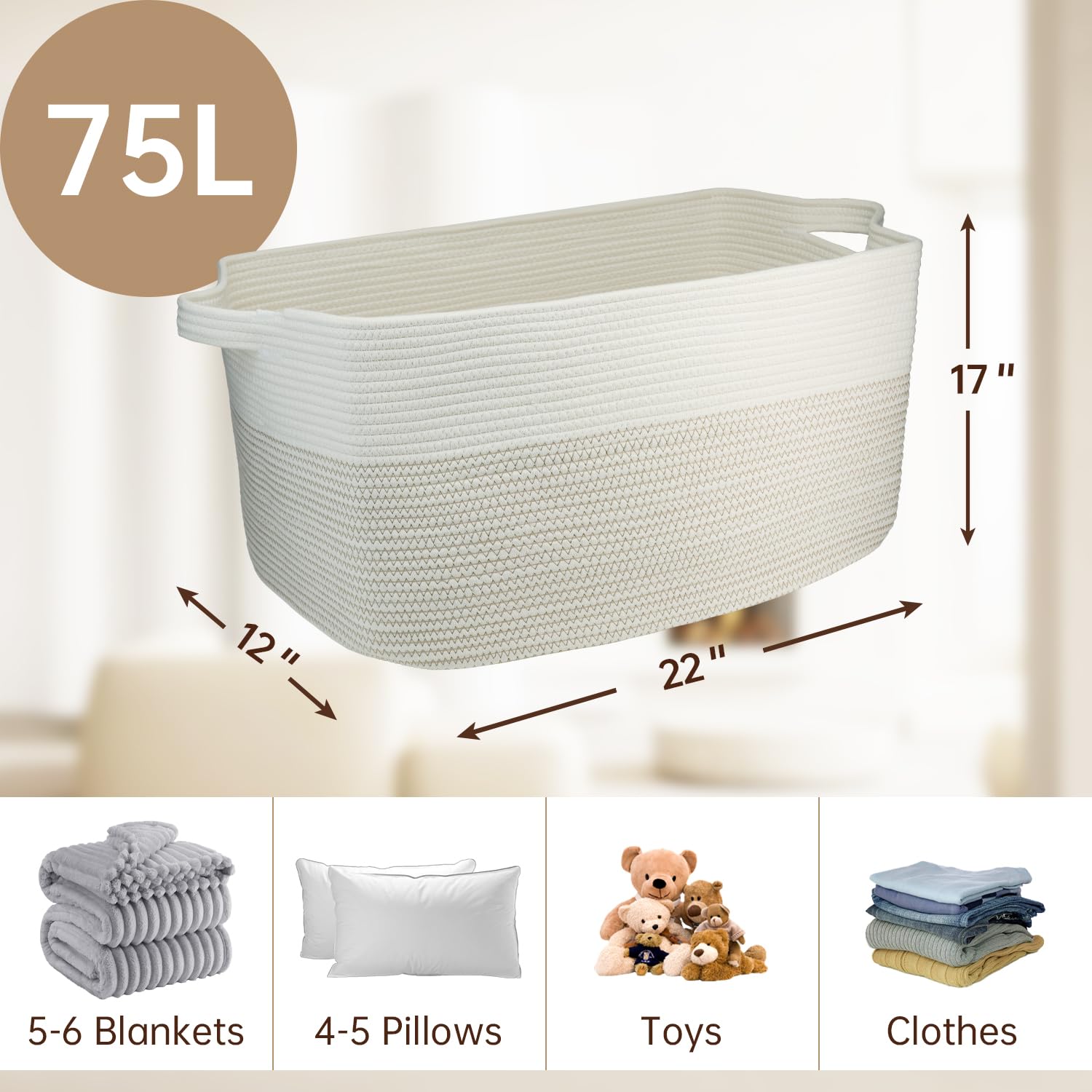Garlephant 75L storage basket in living room to organize blankets and toys.