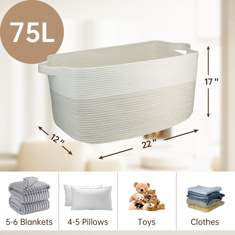 Garlephant 75L storage basket in living room to organize blankets and toys.