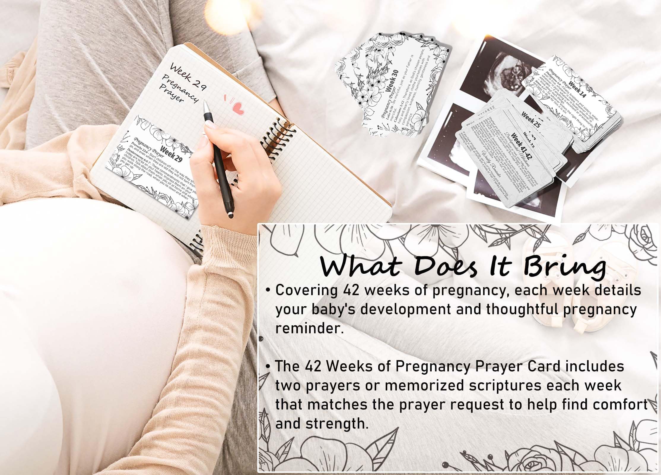 Garybank weekly developmental milestones cards with fruit-size comparisons.