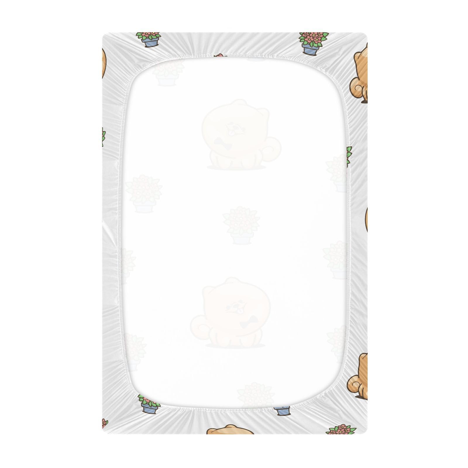 Patterned Gbjiemia Kawai Pomeranian sheets for boys and girls brighten nursery decor.
