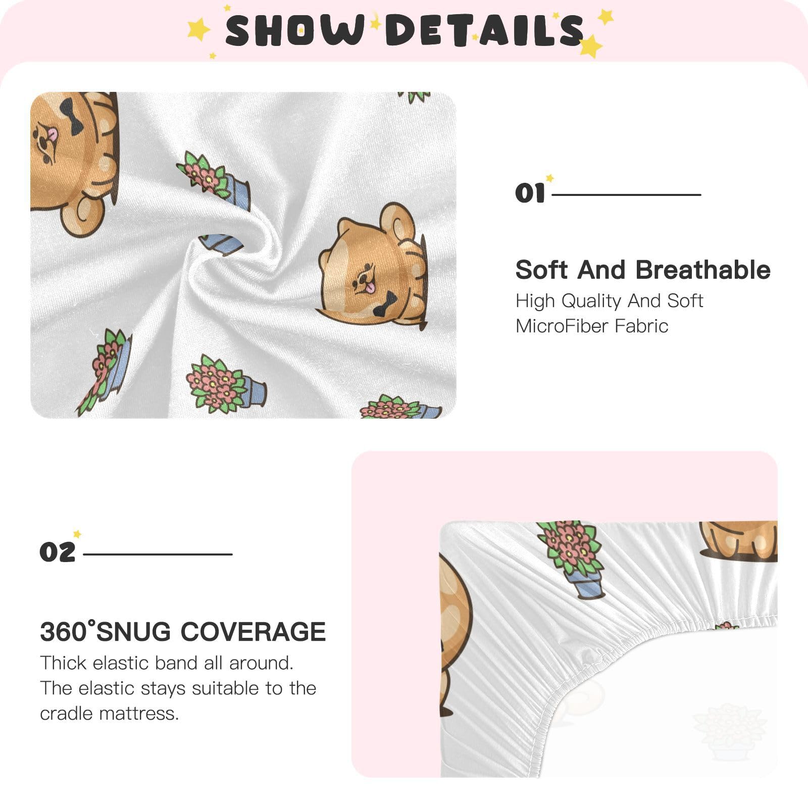 Close view of Gbjiemia Kawai Pomeranian crib sheets in a coordinated nursery setup.