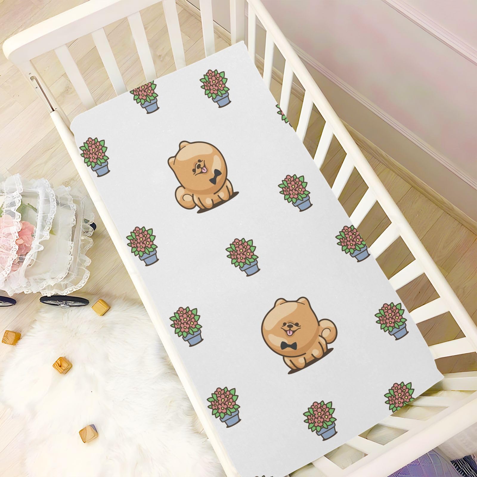 Care instructions for Gbjiemia Kawai Pomeranian sheets showing wash and dry steps.