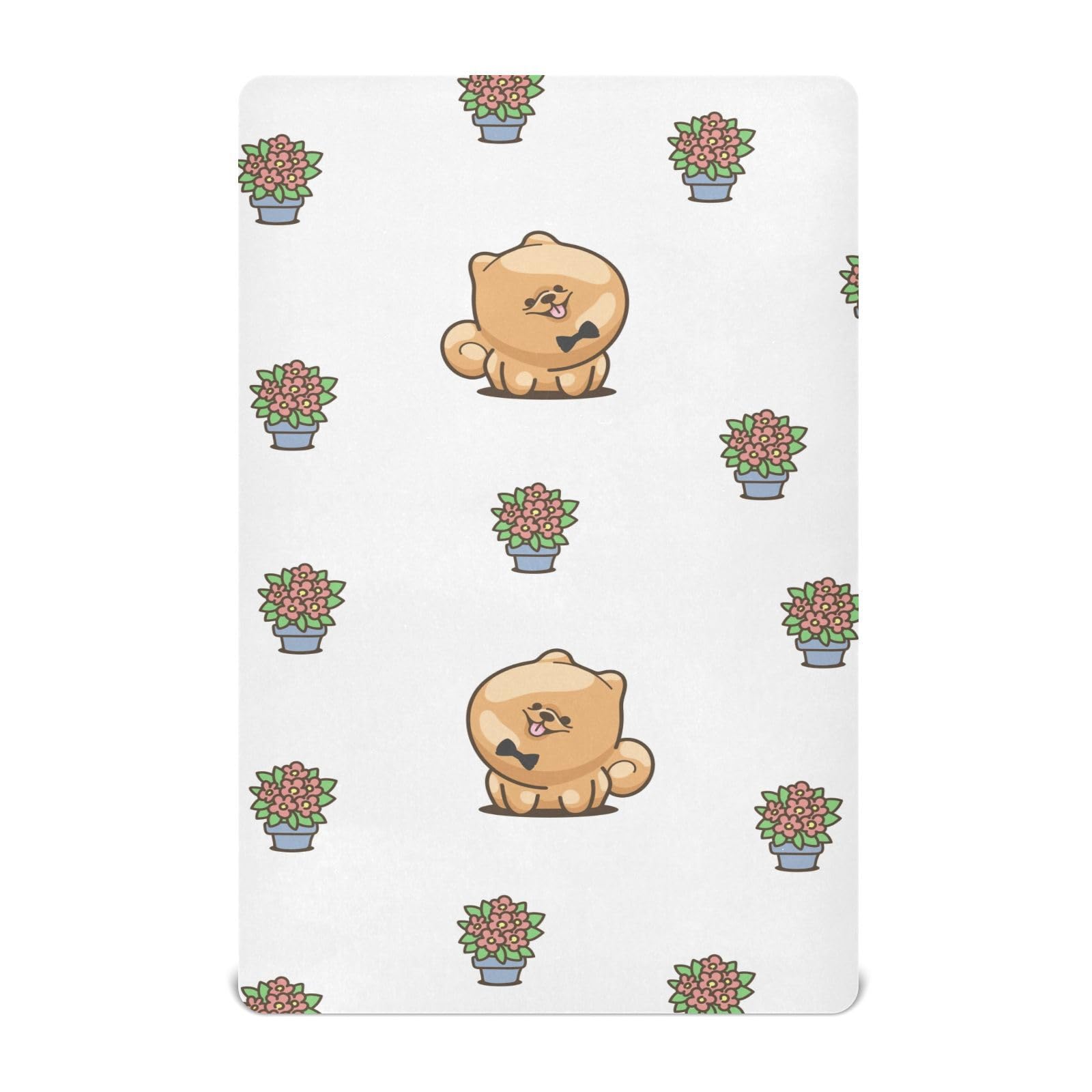 Gbjiemia Kawai Pomeranian crib sheet closeup shows soft, skin-friendly fabric.