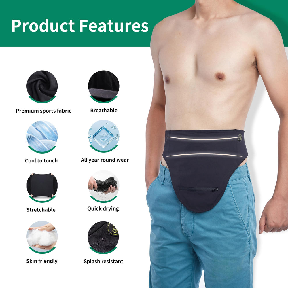 GBmates Ostomy Belt elastic opening demonstrates easy fit for larger flanges