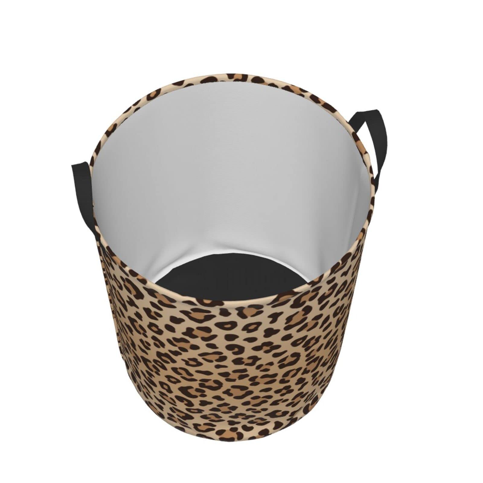 Gbuzozie leopard-print round laundry hamper shown with free-standing design for easy placement.