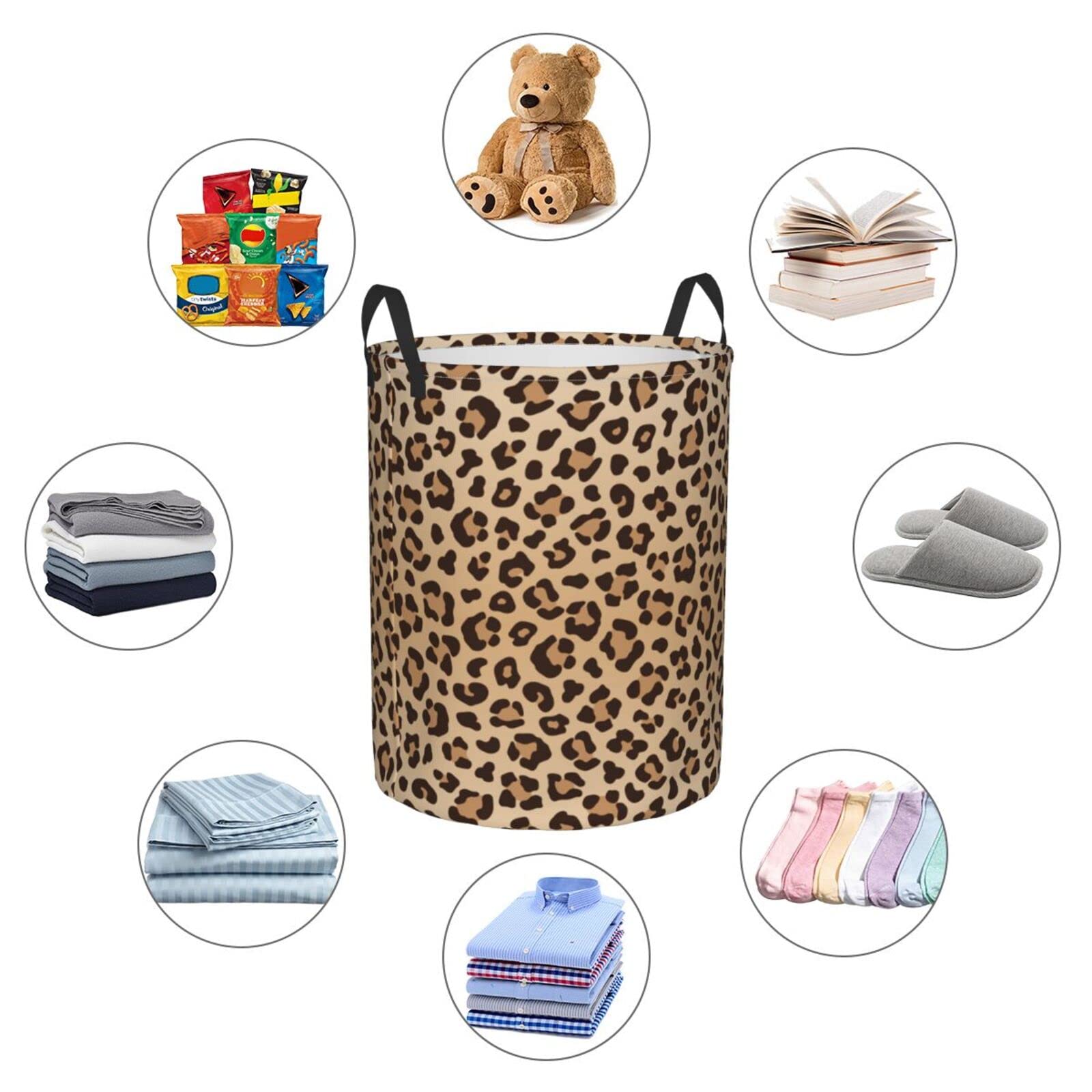Gbuzozie leopard-print round laundry hamper ideal for toys and clothing storage.