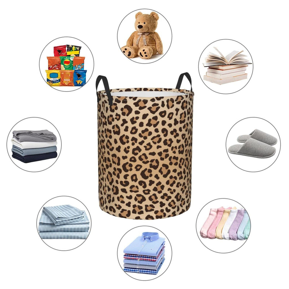 Gbuzozie leopard-print round laundry hamper ideal for toys and clothing storage.
