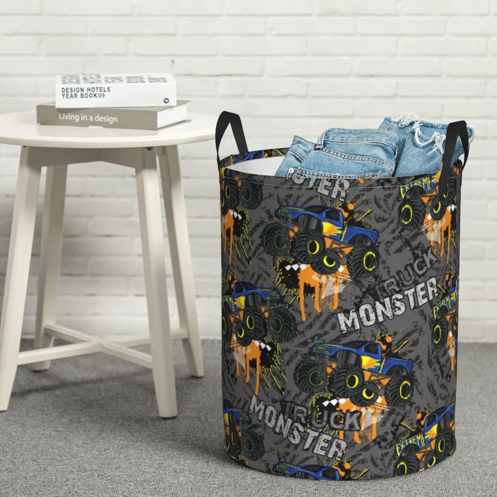Gbuzozie Monster Trucks round hamper with handles for easy transport.