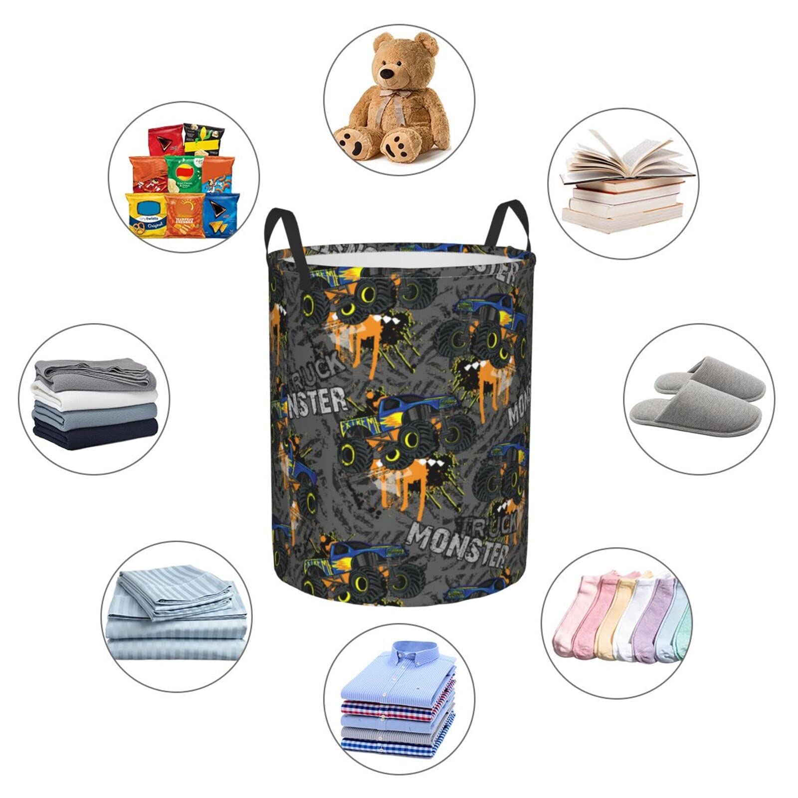 Gbuzozie Monster Trucks pattern basket suited for dorm rooms.