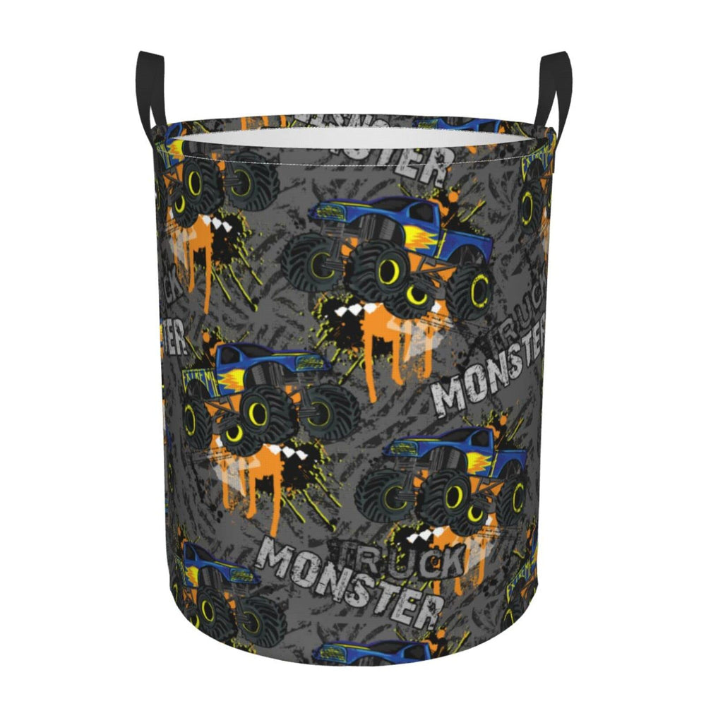 Gbuzozie Monster Trucks round laundry basket with car pattern, ideal for toy storage and laundry organization.