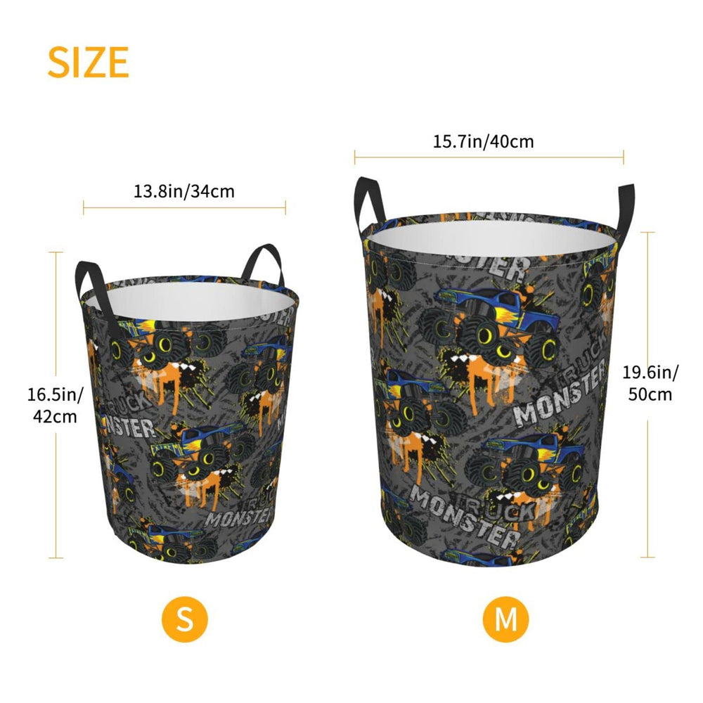 Gbuzozie Monster Trucks storage basket used for toys and clothes organization.