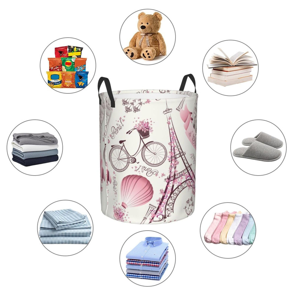 Gbuzozie Paris Eiffel Tower round laundry hamper, waterproof lining for easy cleaning.