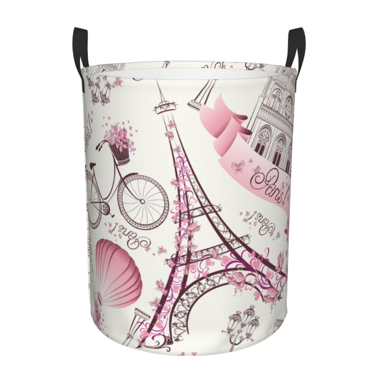 Gbuzozie Paris Eiffel Tower round laundry hamper, front view, ideal for quick laundry organization.