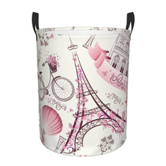 Gbuzozie Paris Eiffel Tower round laundry hamper, front view, ideal for quick laundry organization.