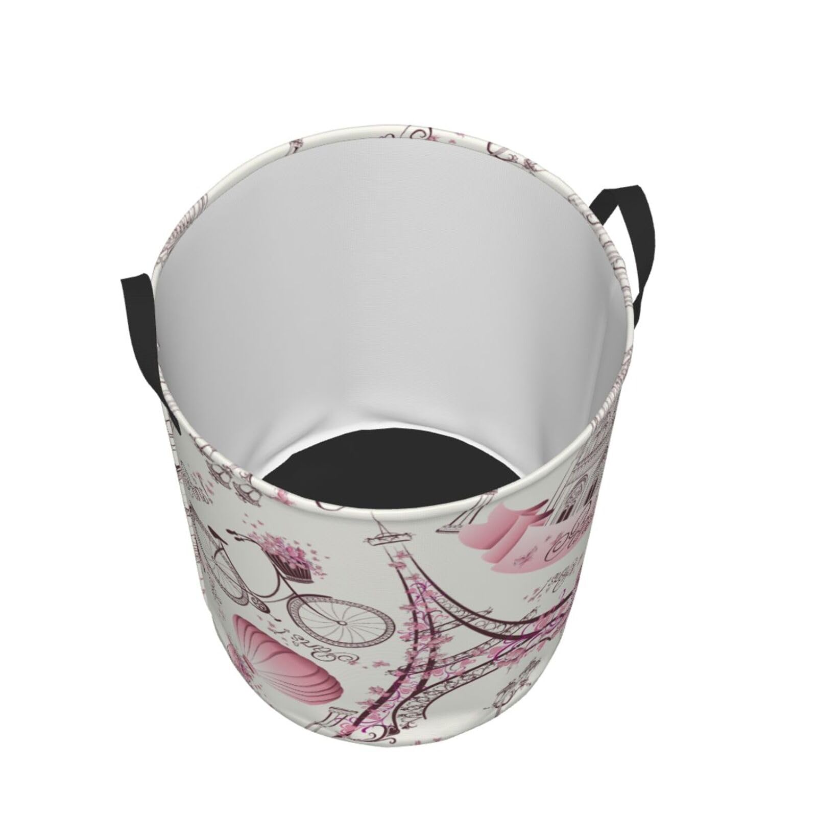 Gbuzozie Paris Eiffel Tower round laundry hamper, side view, folds flat for compact storage.