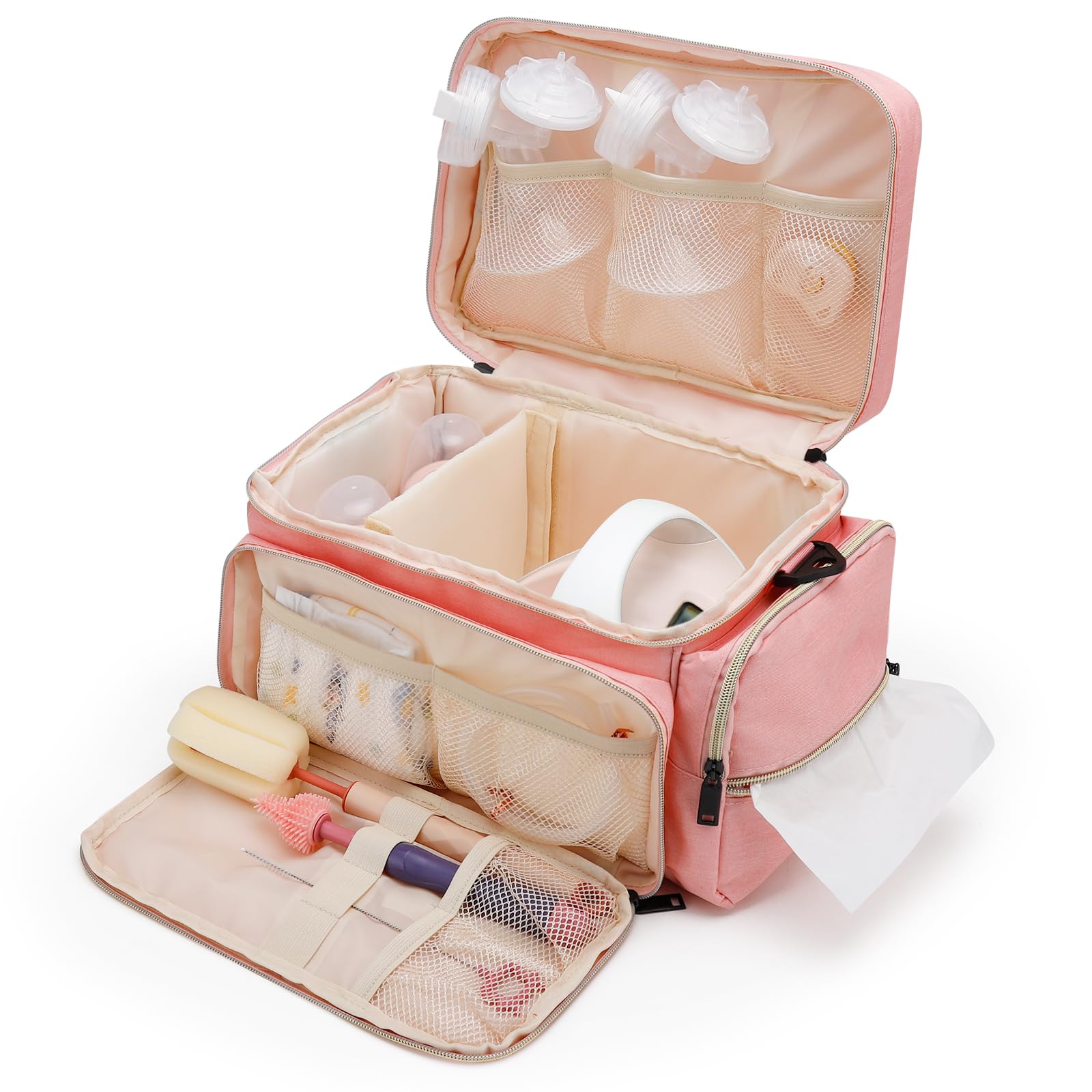 GDNasist bag front pocket organized for bottle brushes and accessories.