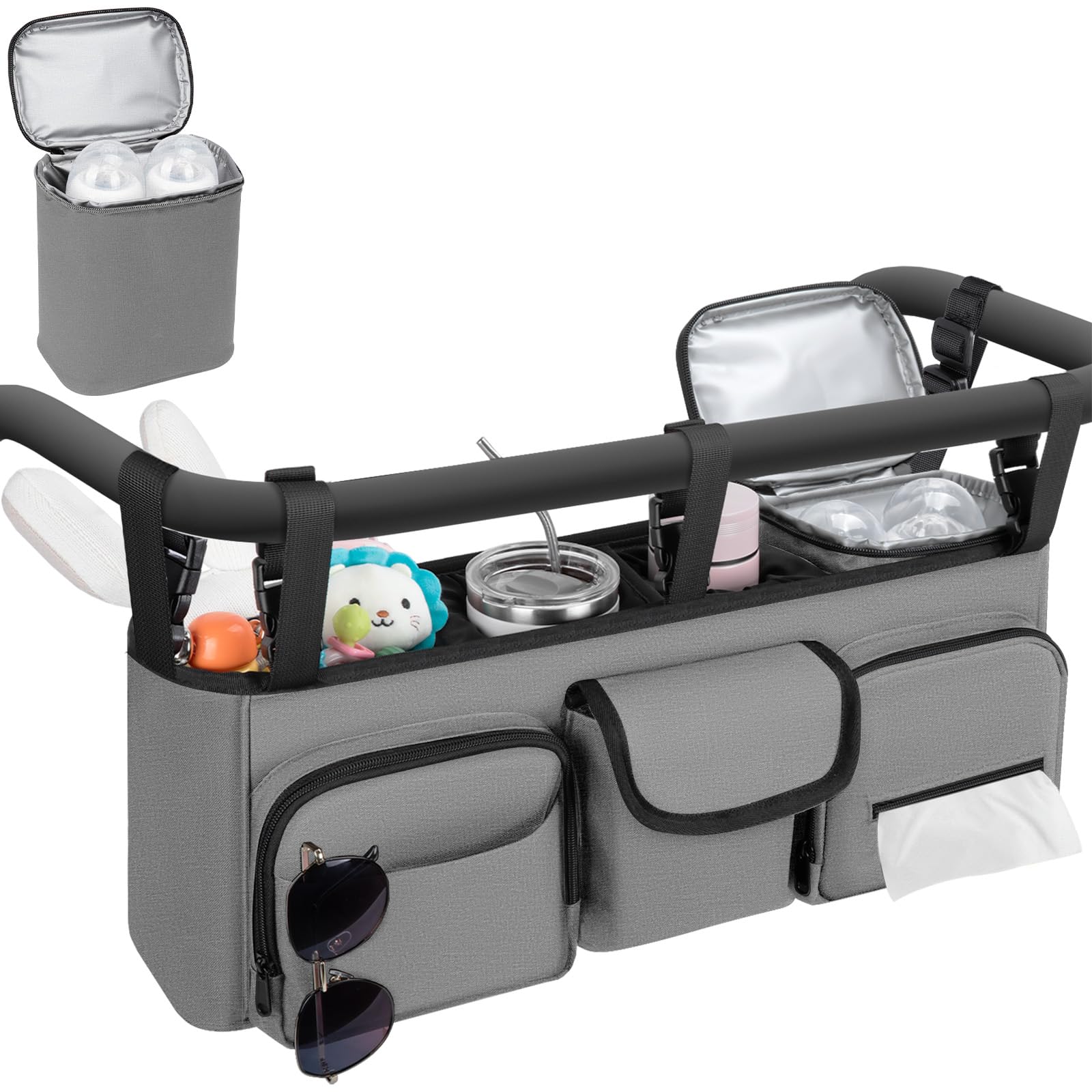 GDNasist double stroller organizer attached to Bob Duallie for easy-access essentials.