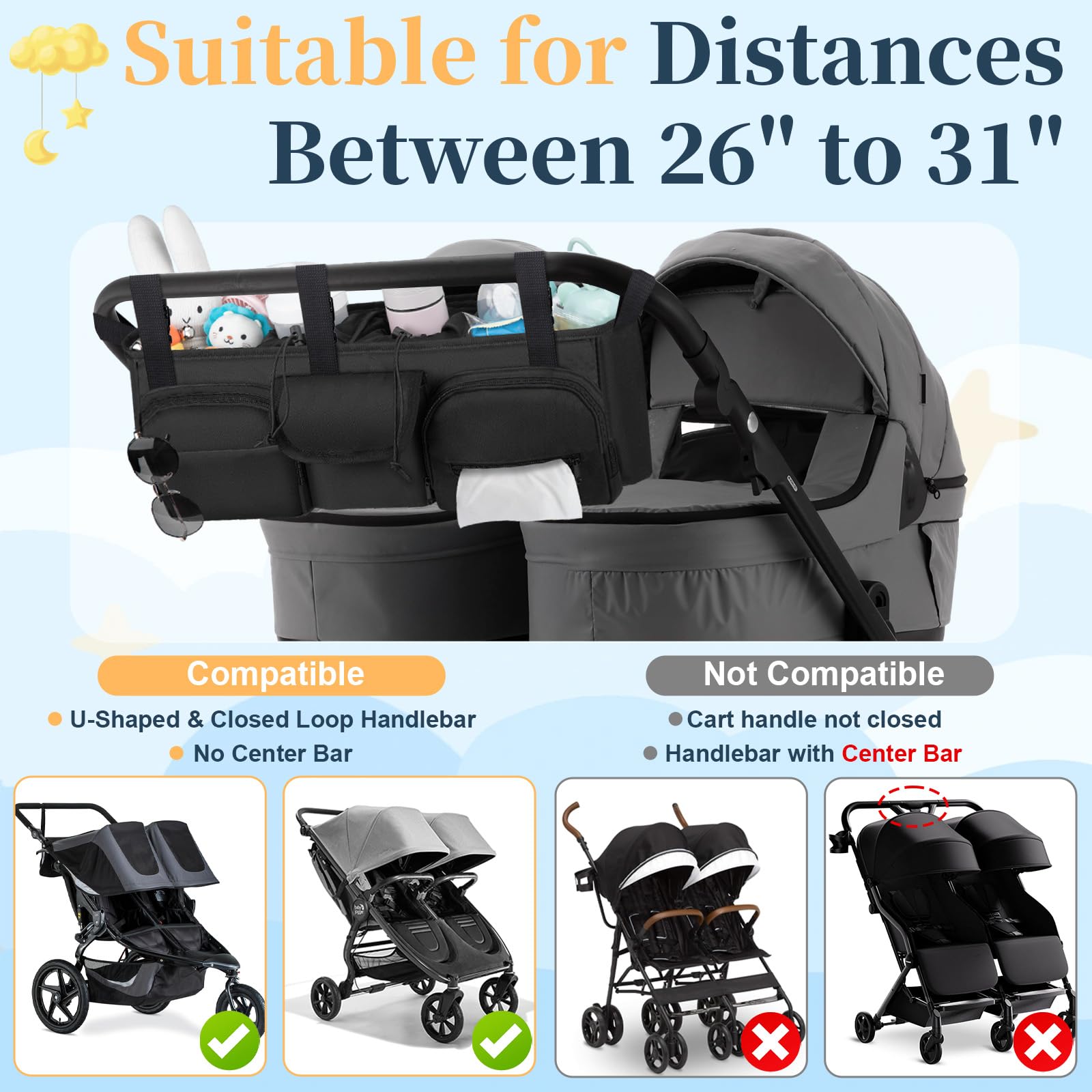 GDNasist double stroller organizer with cup holders designed for tall drinks, kept within reach.