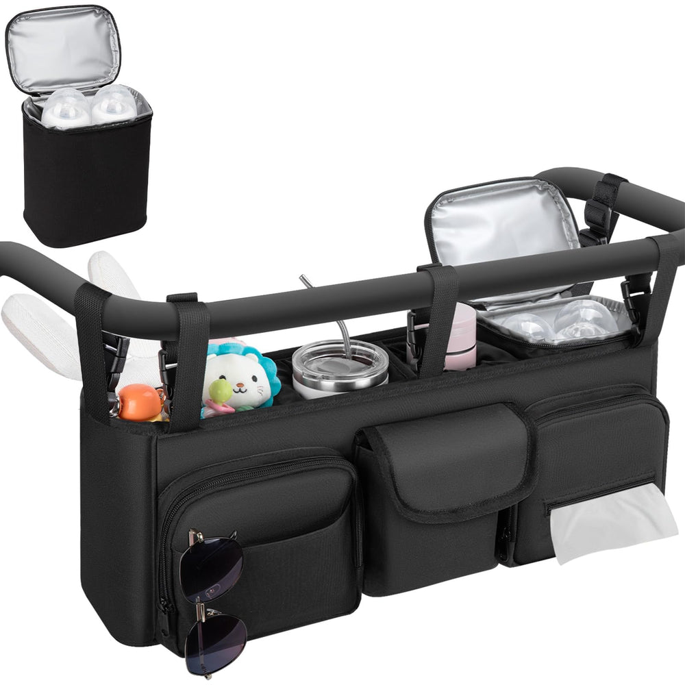 GDNasist double stroller organizer on handle with secure attachment for easy reach.