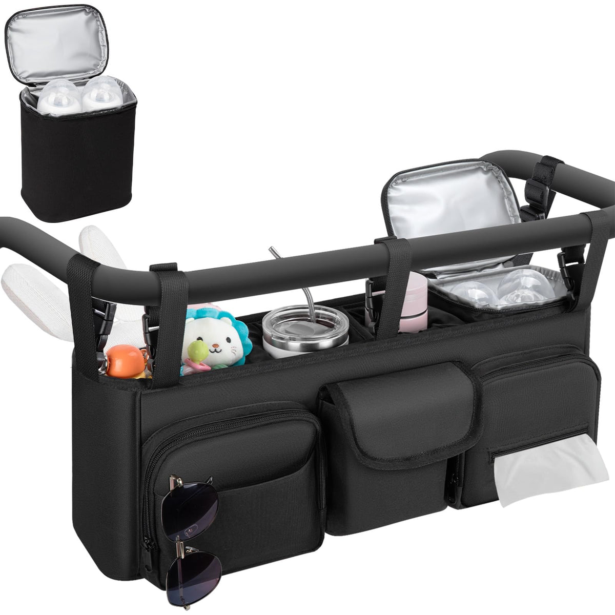 GDNasist double stroller organizer on handle with secure attachment for easy reach.