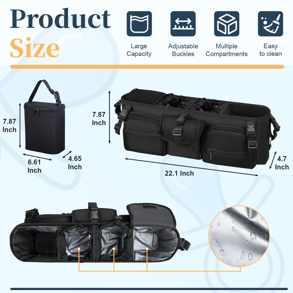 GDNasist double stroller organizer with multiple pockets keeps essentials organized.