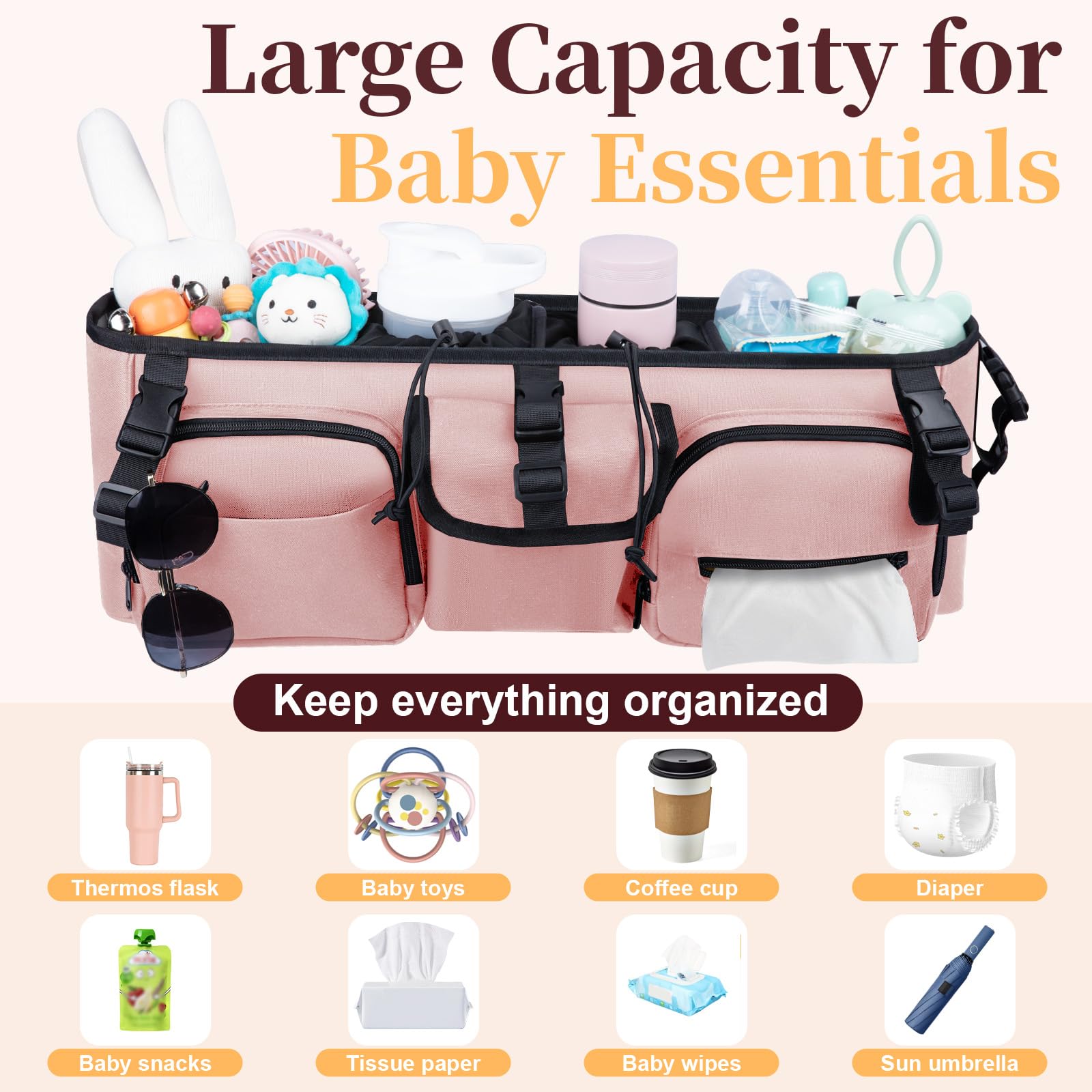 GDNasist pink double-stroller organizer adds style and function.