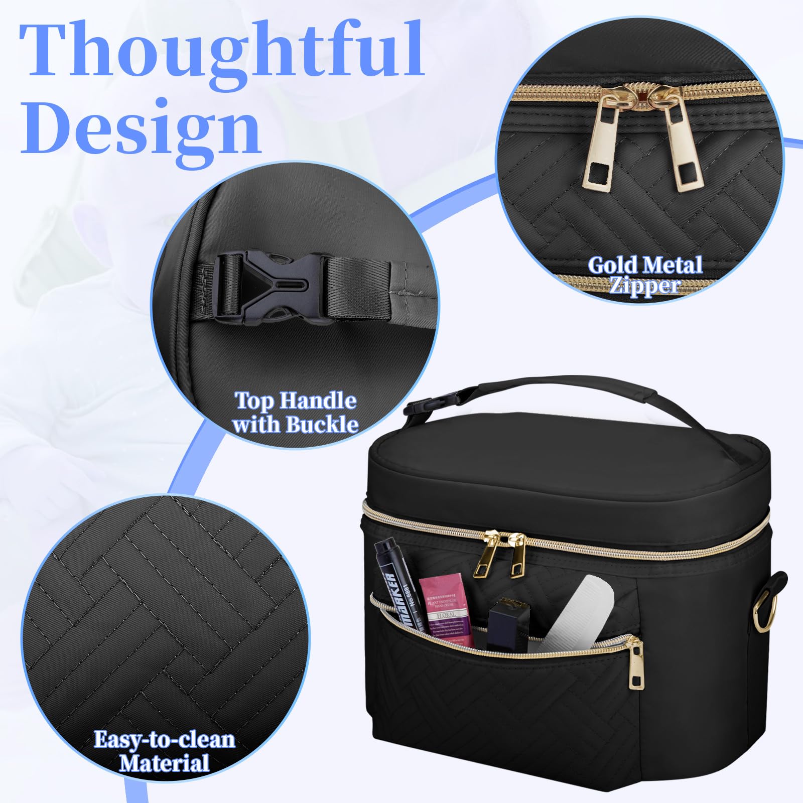 Clear zip pocket helps organize nursing pads and tubing for quick access.