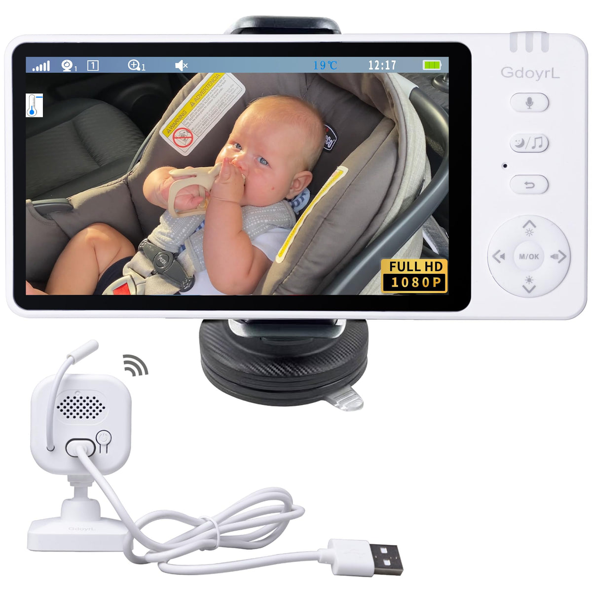 GdoyrL wireless baby camera on five inch display for clear rear seat viewing.