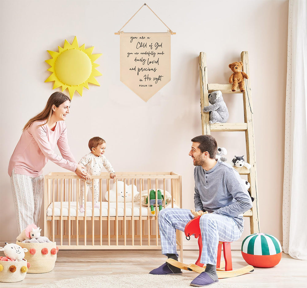 GEANHIL You Are A Child of God banner with easy hanging twine and wooden stick.
