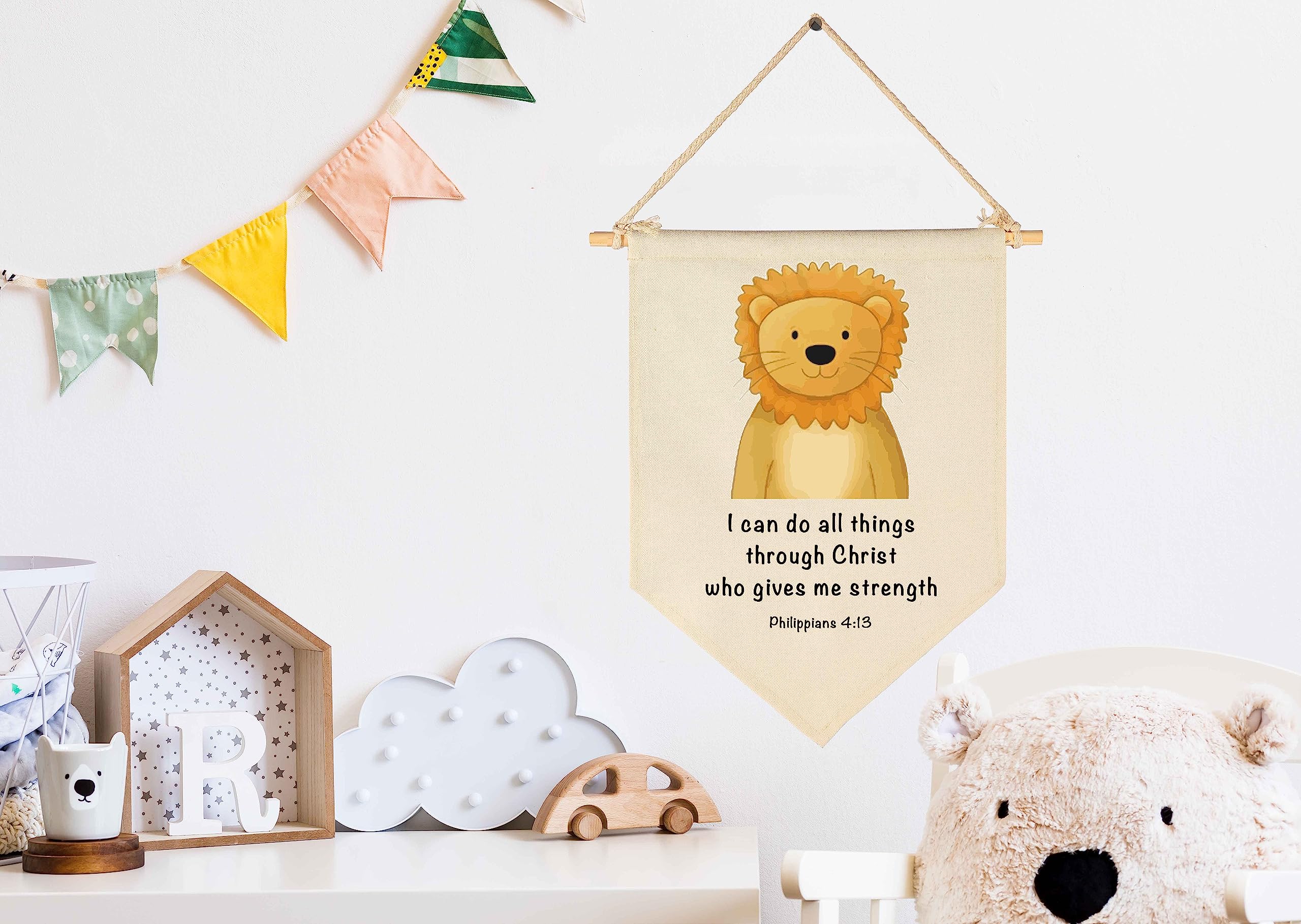 GEANHIL Bible verse nursery banner with jungle motif brightening the play space.