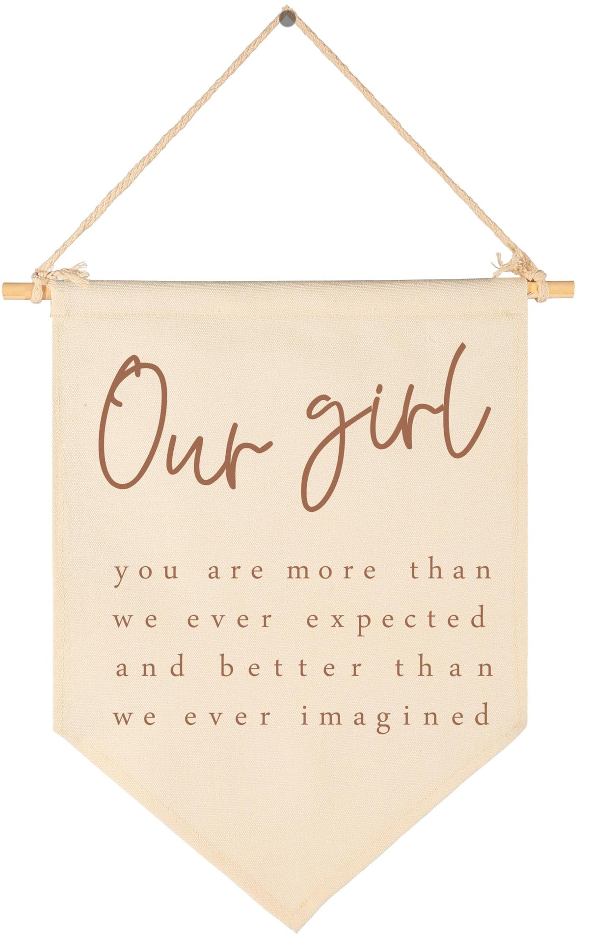 GEANHIL Our Girl banner on beige cotton canvas elevates nursery decor