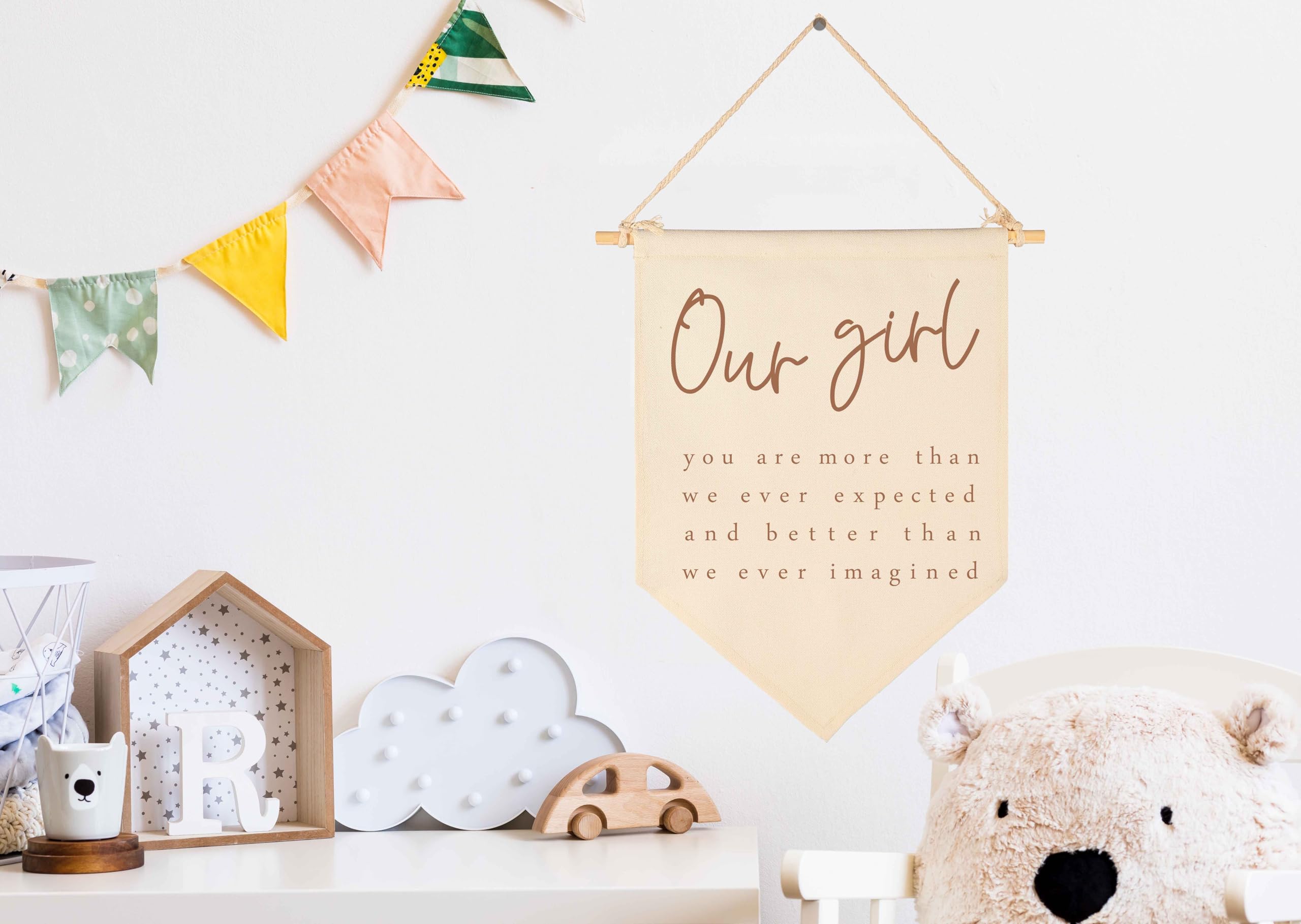 GEANHIL Our Girl pennant banner shown hanging for easy wall display