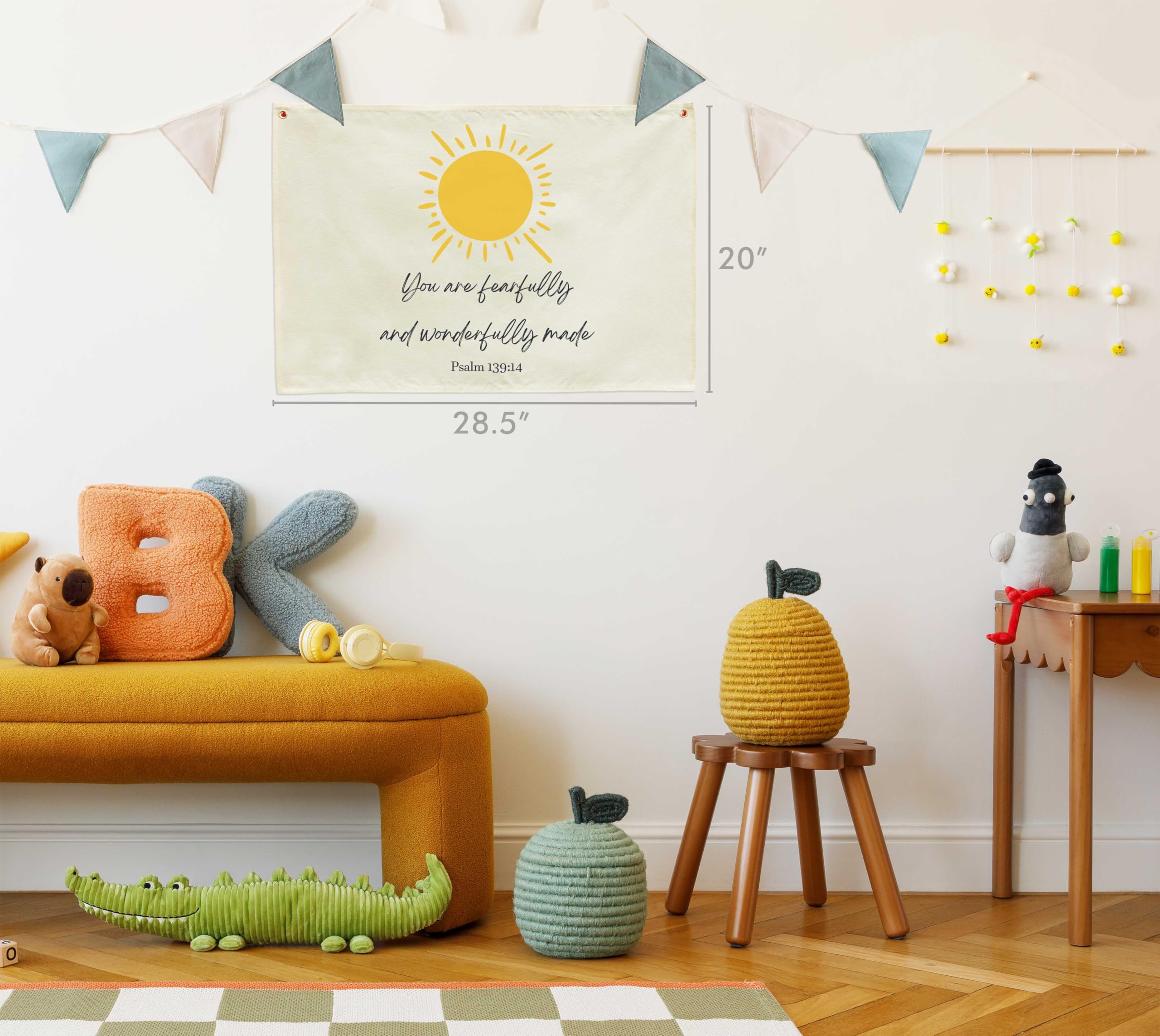 GEANHIL playroom banner with scripture for imagination and coziness