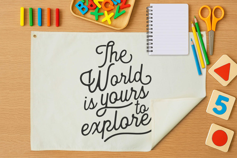 GEANHIL banner displays The World Is Yours to Explore in playroom for imaginative ambiance.